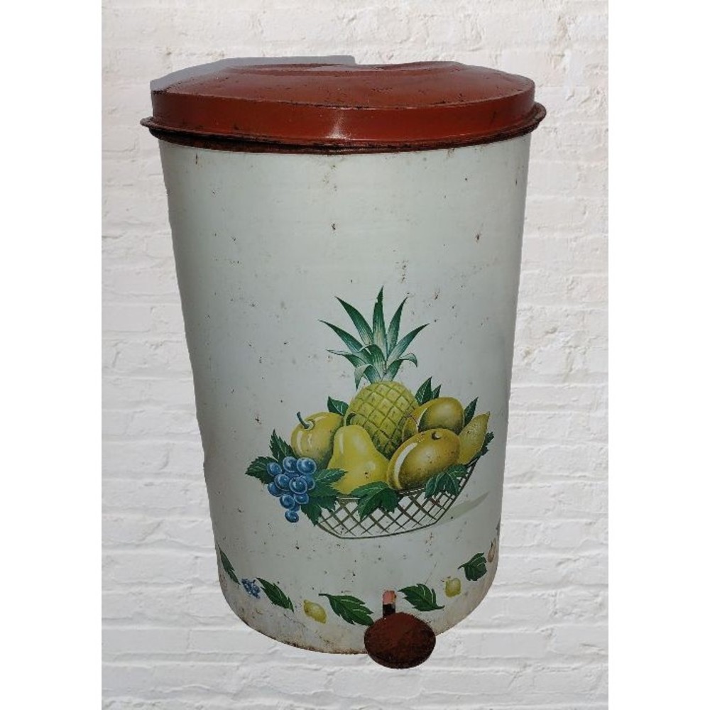 Vintage Metal Trash Can Waste Basket Step Pedel Flip Top Lid